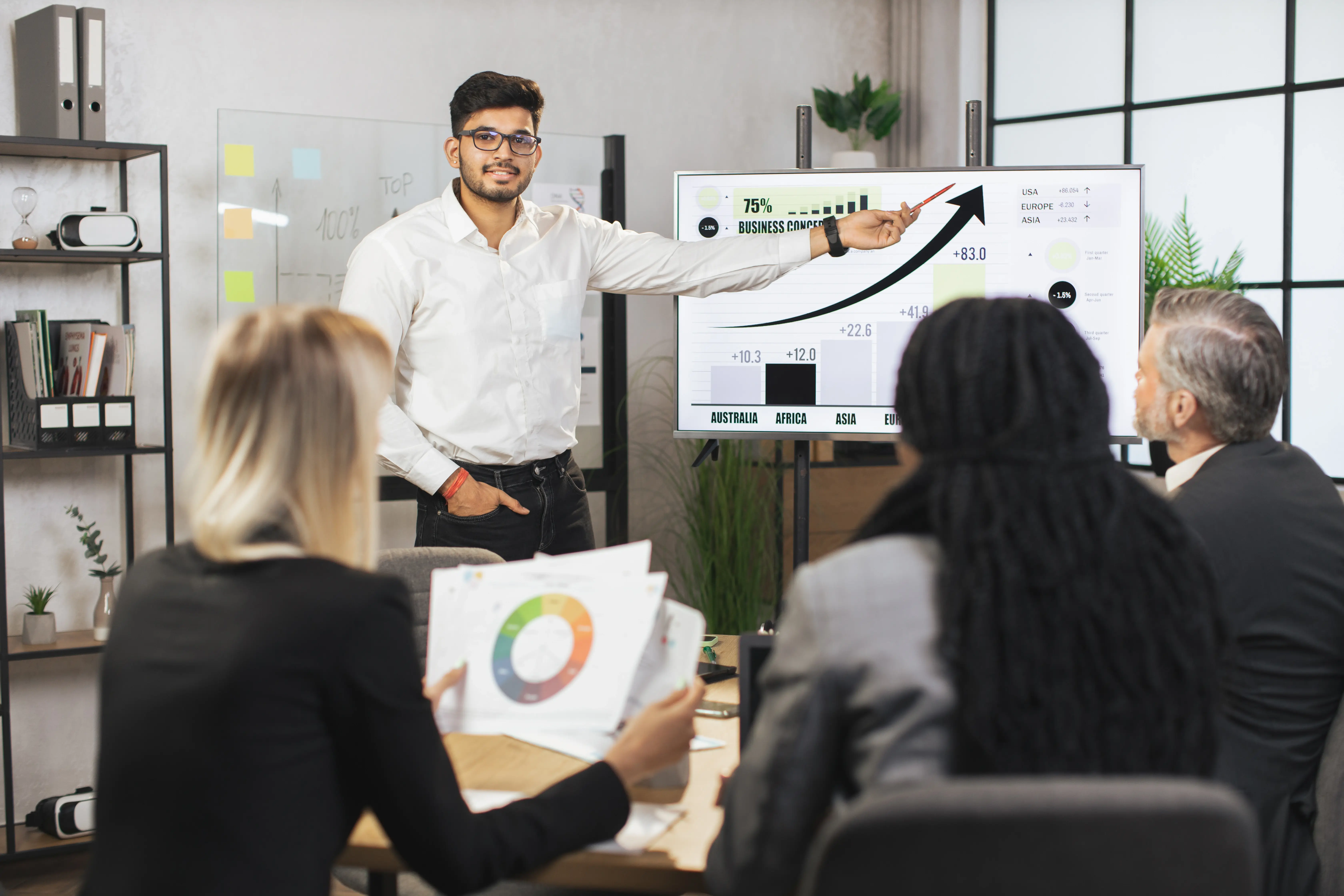 Professional man presenting business development strategies